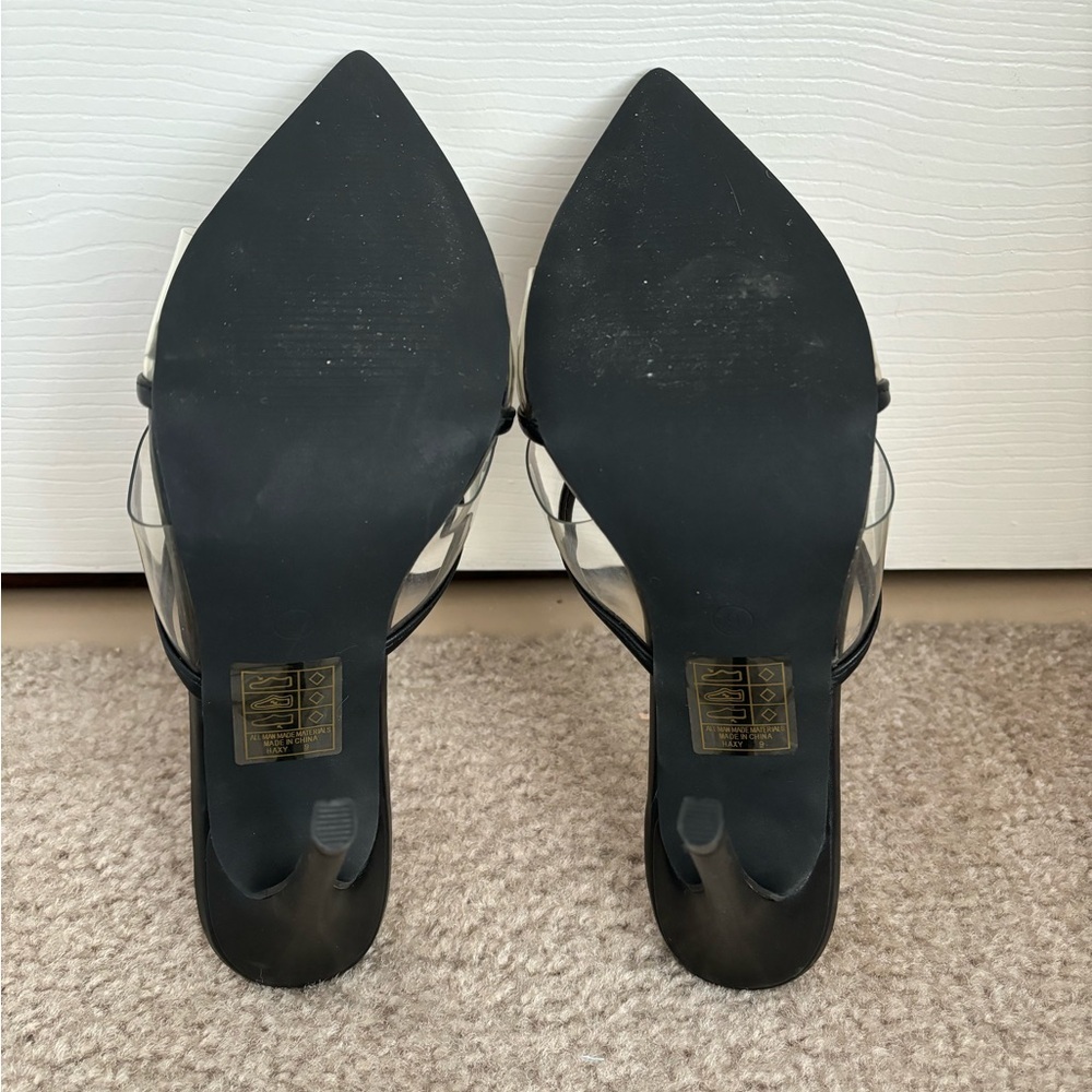 NWOT Lulus Haxy Black Vinyl Pointed-Toe Bow High Heel Sandals - Picture 13 of 14